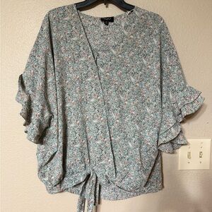 Floral Kimono Sleeve Blouse - Green and Peach